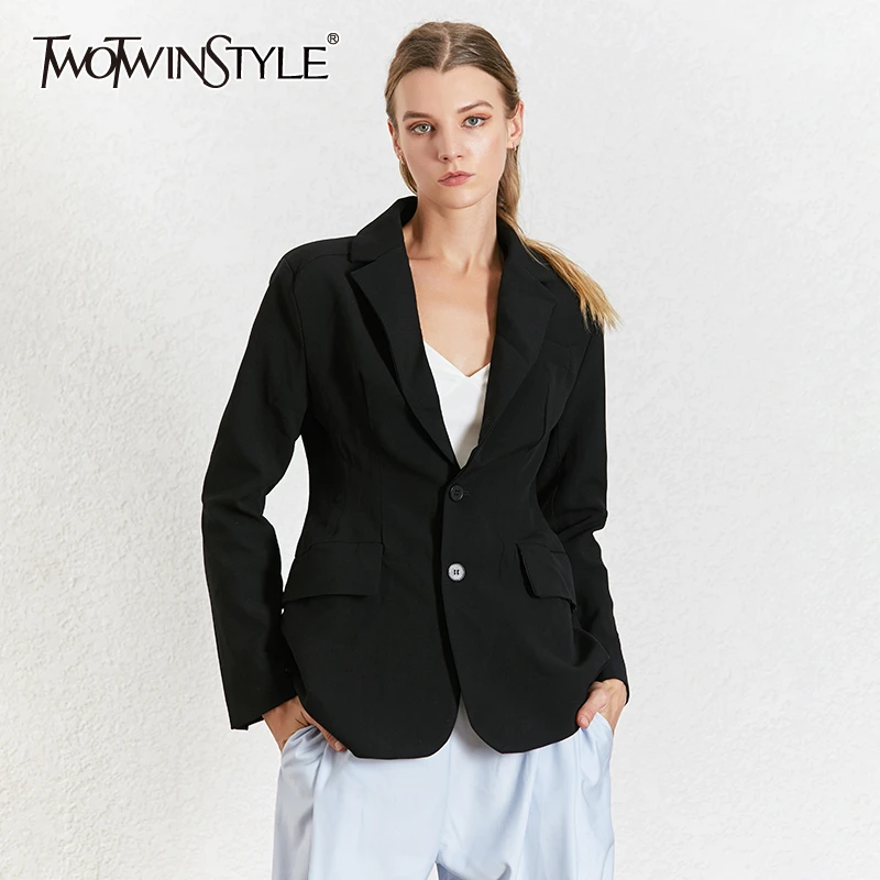 

TWOTWINSTYLE OL Black Blazer For Women Notched Collar Long Sleeve High Waist Slim Elegant Coat Female Summer 2019 Fashion