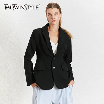 

TWOTWINSTYLE OL Black Blazer For Women Notched Collar Long Sleeve High Waist Slim Elegant Coat Female Summer 2020 Fashion