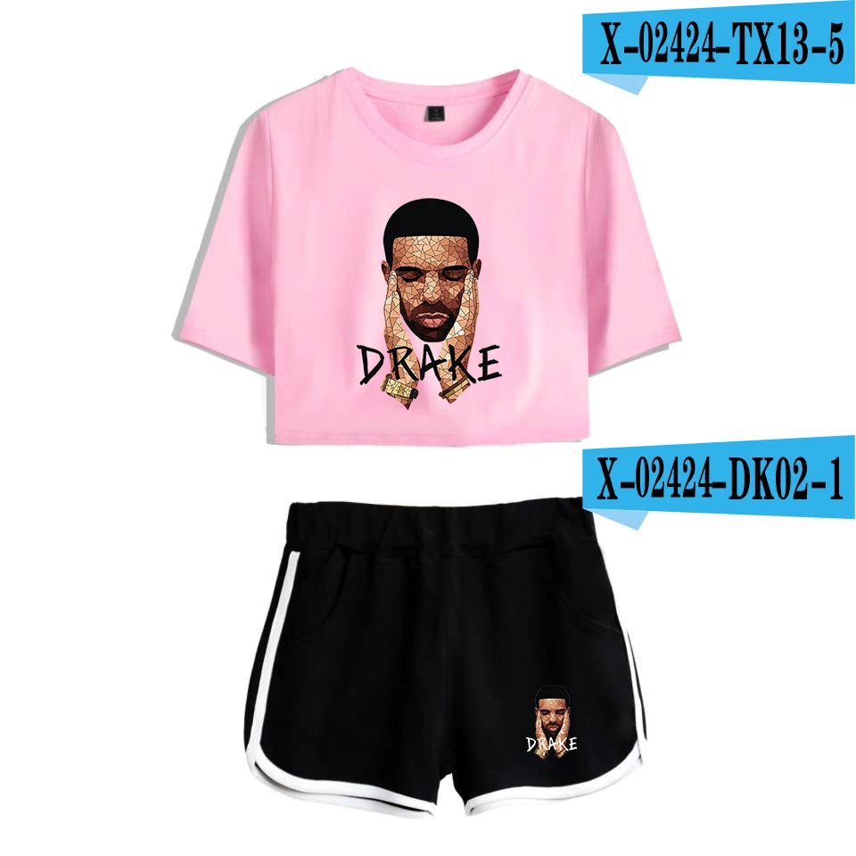 Drizzy Drake футболка шорты женский набор пупка короткий рукав кровати рубашки o-образным вырезом летние комплекты из двух частей Сексуальная женская рубашка kpop для девочек - Цвет: 6-7