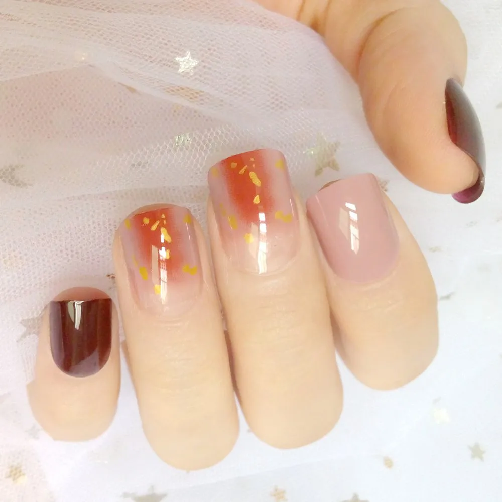

24 Pcs Artificial Fake Nails Gradient Short False Nails With Design Brown Gold Press On Nail Tips Z238