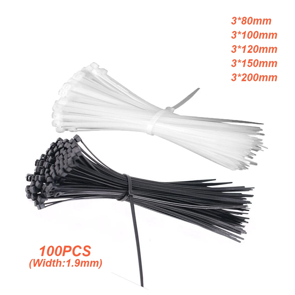 

100pcs Self-locking Nylon Cable Ties White Black 3*80/100/120/150/200 Plastic Zip Ties Fasten Loop Cable Wire Wrap Strap