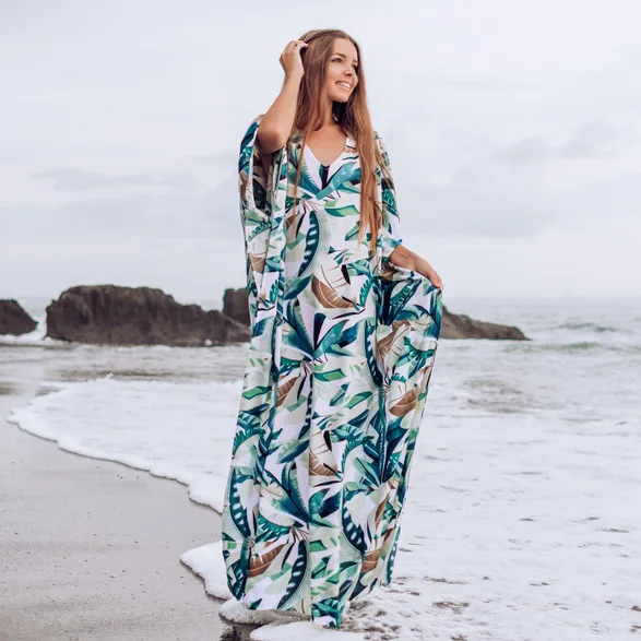 

Swim Suit Cover Up Beach Wear Polyester Blouse Leaf Printed Kimono Vacation Sexy Bikini Robe Sunscreen Shirt Women's Summer Thin