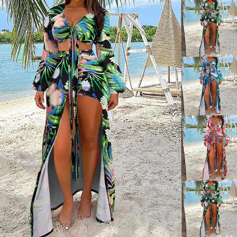 

Women Leaves Print 2pcs Bikini Swimsuit Set Puff Long Sleeve Tie Knot Front Crop Top with High Waist Split Maxi Beach Skirt