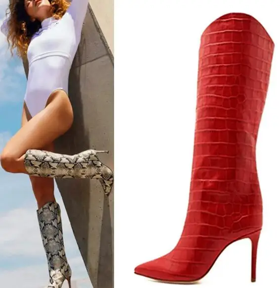 

Moraima Snc Crocodile Pattern Leather Knee High Boots Sexy Pointed Toe Riding Boots for Woman Thin Heels Females Shoe