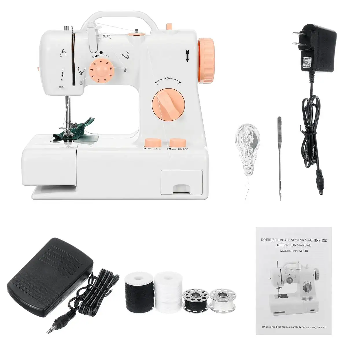 KIWARM Sewing Machine Mini Portable Household Night Light Foot Pedal Straight Line Hand Table Tools Two Power Supply Two Speeds