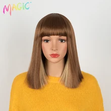 

Magic Short Bob Straight Wig With Bangs Ear-Dyeing Ombre Pink Blue Wigs Synthetic Wigs Heat Resistant Fiber For Women Cosplay