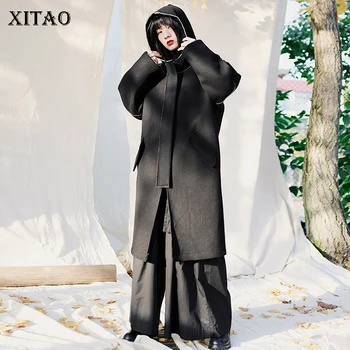 

XITAO Casual Patchwork Hooded Collar Blends Women Winter Tide Fashion Elegant New Style Loose Long Sleeve Blends Coat GCC3105