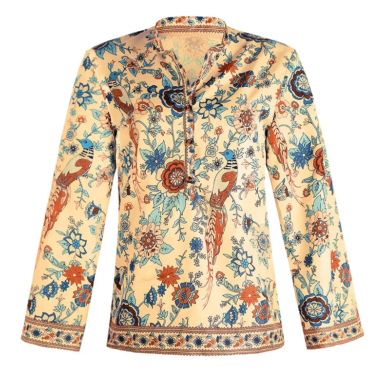 Женские топы и блузки размера плюс, Boho, с принтом павлина, свободная одежда, на пуговицах, с длинным рукавом, винтажные женские рубашки, 3XL 4XL 5XL