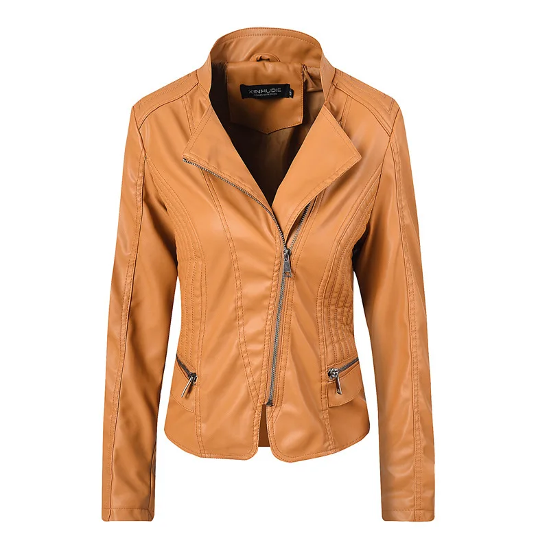 Women Classic Moto Biker Jacket New Loose PU Faux Leather Jacket Spring Autumn Lady Basic Coat Plus Size Outerwear - Цвет: earth yellow