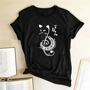 

Black Cat Printed Music Funny Kawaii T Shirt Women Harajuku Short Sleeve Women Summer Graphic Tee Shirt Tops Women 2020 T Shirt