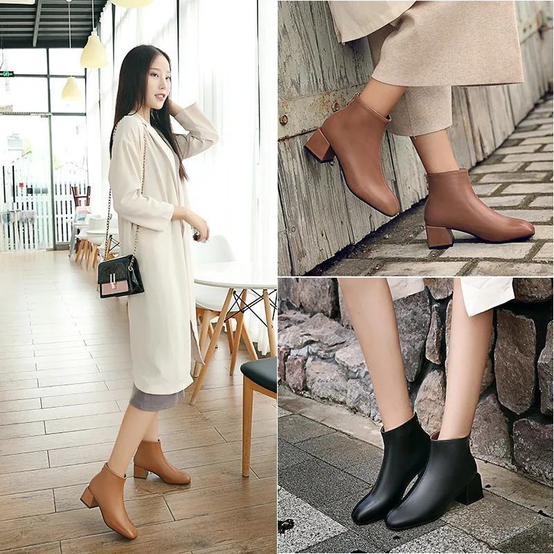 

Square Toe Fashion PU Women Ankle Boots High Metal Decoration Solid Vintage Chelsea Boots Square Heel Casual Zip Big Size Shoes