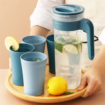 

1L Water Jug Set With 4 Water Cups Sealed Cold Kettle Plastic Large Capacity Fruit Juice High Temperature Resistant Bottle