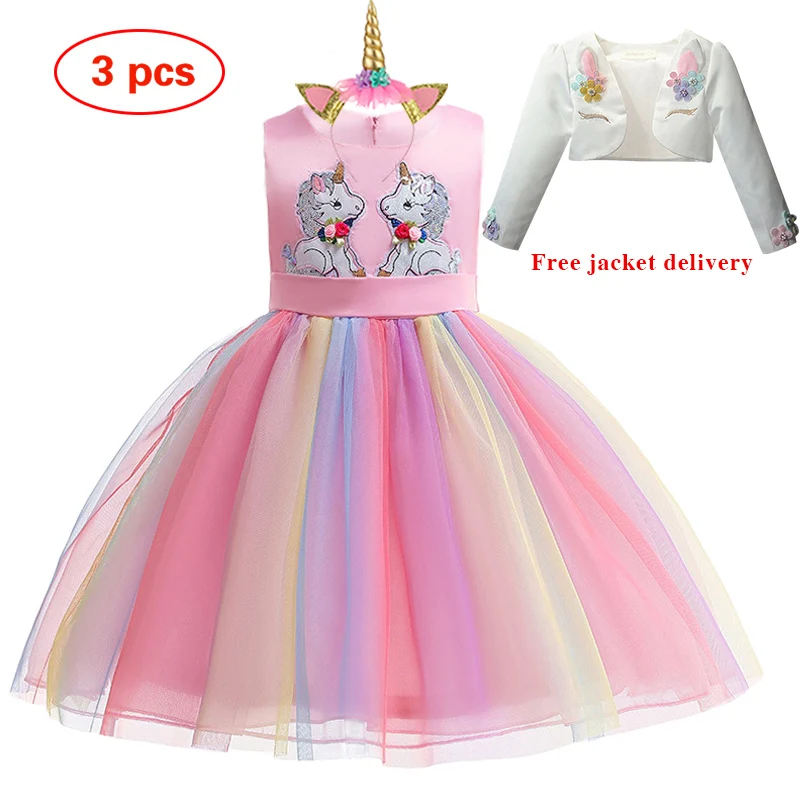 New Elsa Unicorn Dress for Girls Embroidery Ball Gown Baby Girl Princess Birthday Dresses for Party Costumes Children Clothing