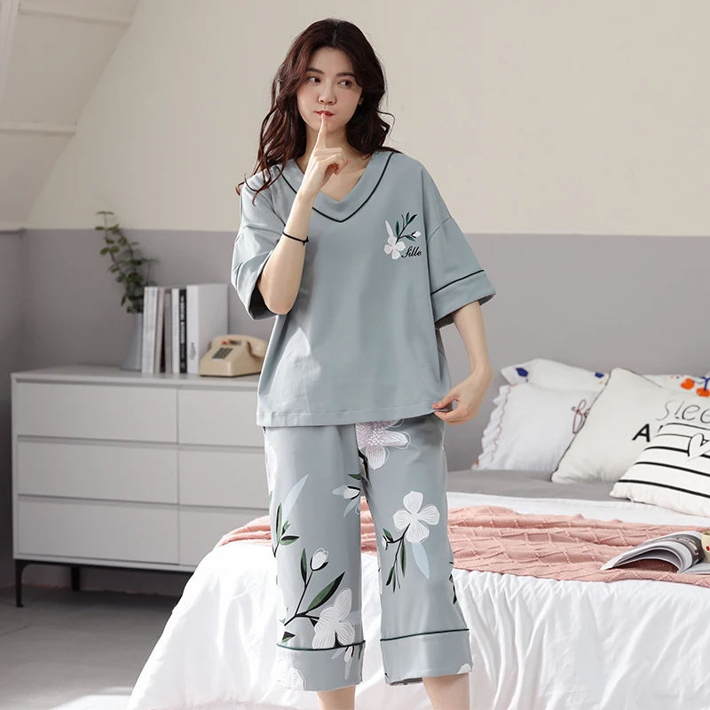 Lounge Pjs Soft Nightwear Long Sleepwear Short Outfits Women's Cotton Pyjama Set 