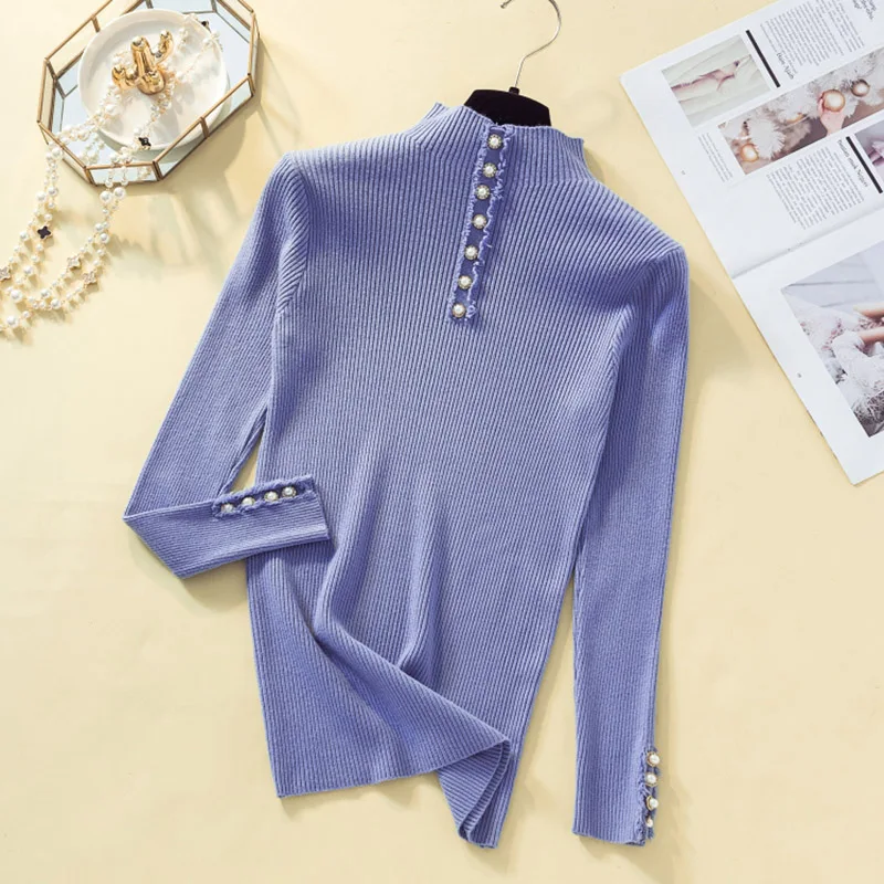 Модный свитер с воротником-хомутом, украшенный бисером, женский осенне-зимний однотонный вязаный пуловер, женский тонкий мягкий джемпер, свитер, женские вязаные топы - Цвет: Синий