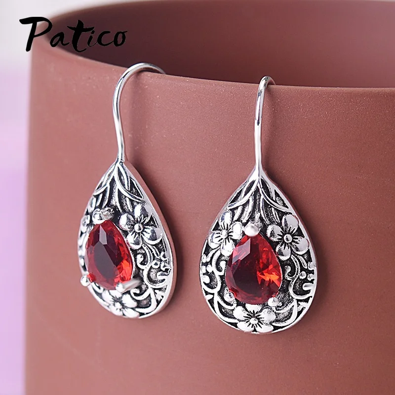 100% 925 Sterling Silver Needle Drop Earrings for Women Flower Dazzling Ruby Vintage Silver Needle Jewelry Gift
