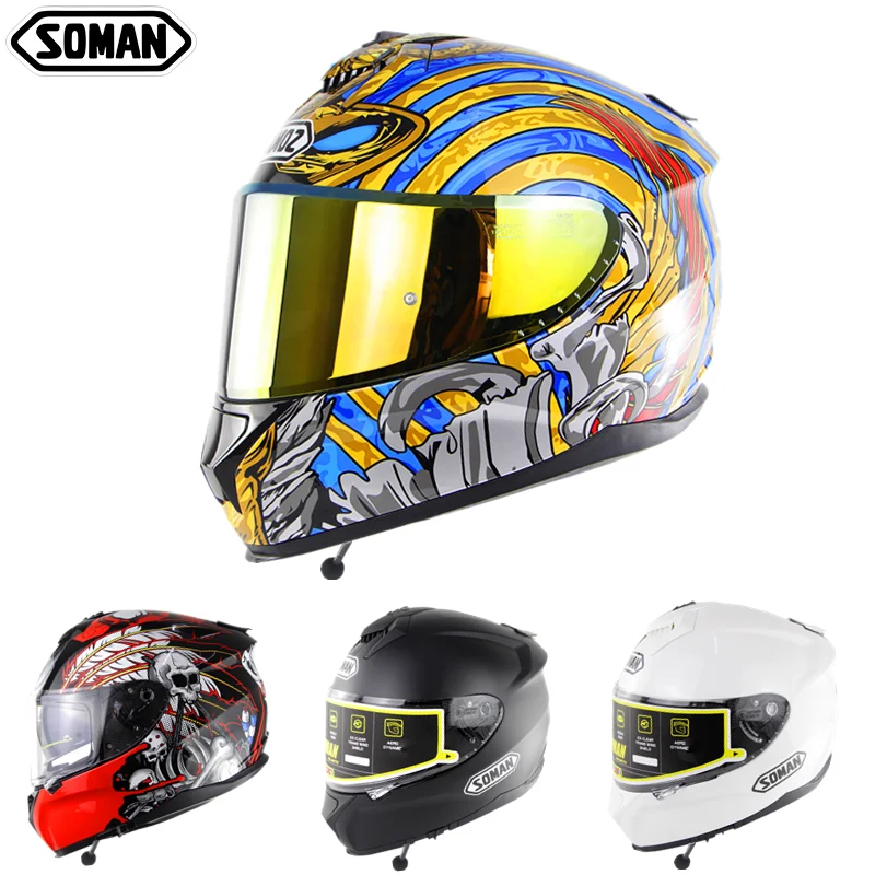 

SOMAN ECE Street Helmet Snake Motorcycle Helmet with Golden Visor Full Face Capacete Bluetooth Motor Bike Double Visor Casco DOT