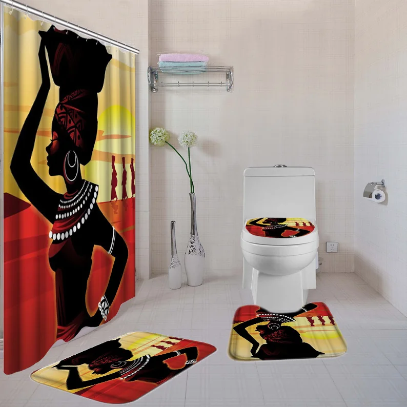 4 шт комплекты ванной с душевой занавеской афроамериканская Девичья занавеска для ванной набор ковриков для туалета Набор ковриков для ванной с крючками - Цвет: 18947FOUR