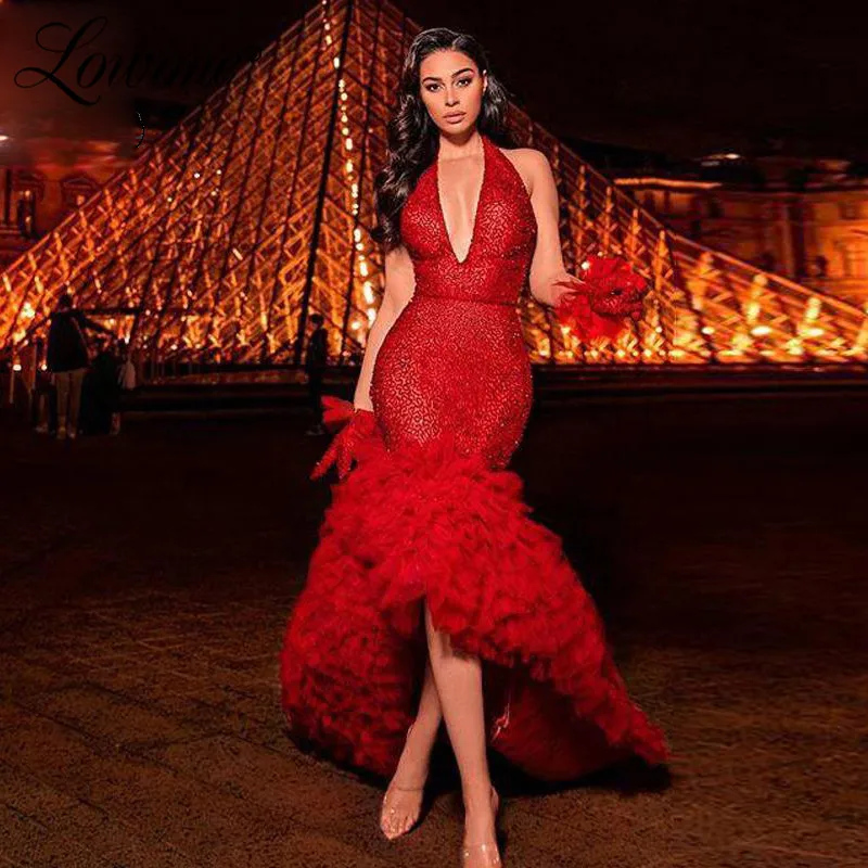 Red Halter Women Sexy Party Gowns Backless Long Celebrity Evening Dresses Arabic Dubai Prom 2020 Vestidos De Festa | Свадьбы и