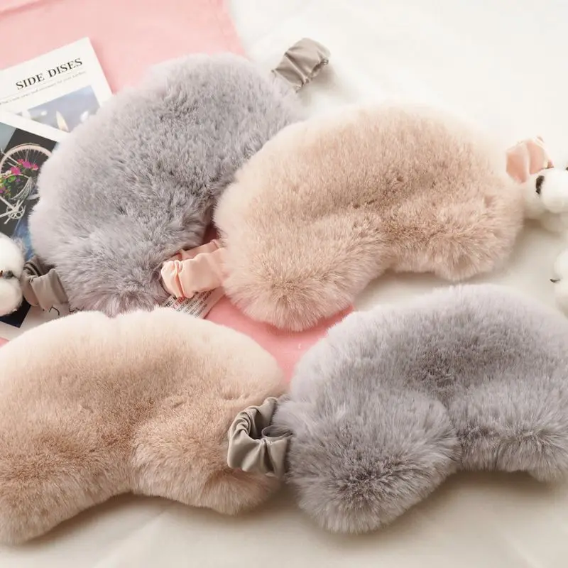 Women Sleeping Eye Mask 3D Cartoon Fluffy Plush Imitation Silk Satin Blindfold