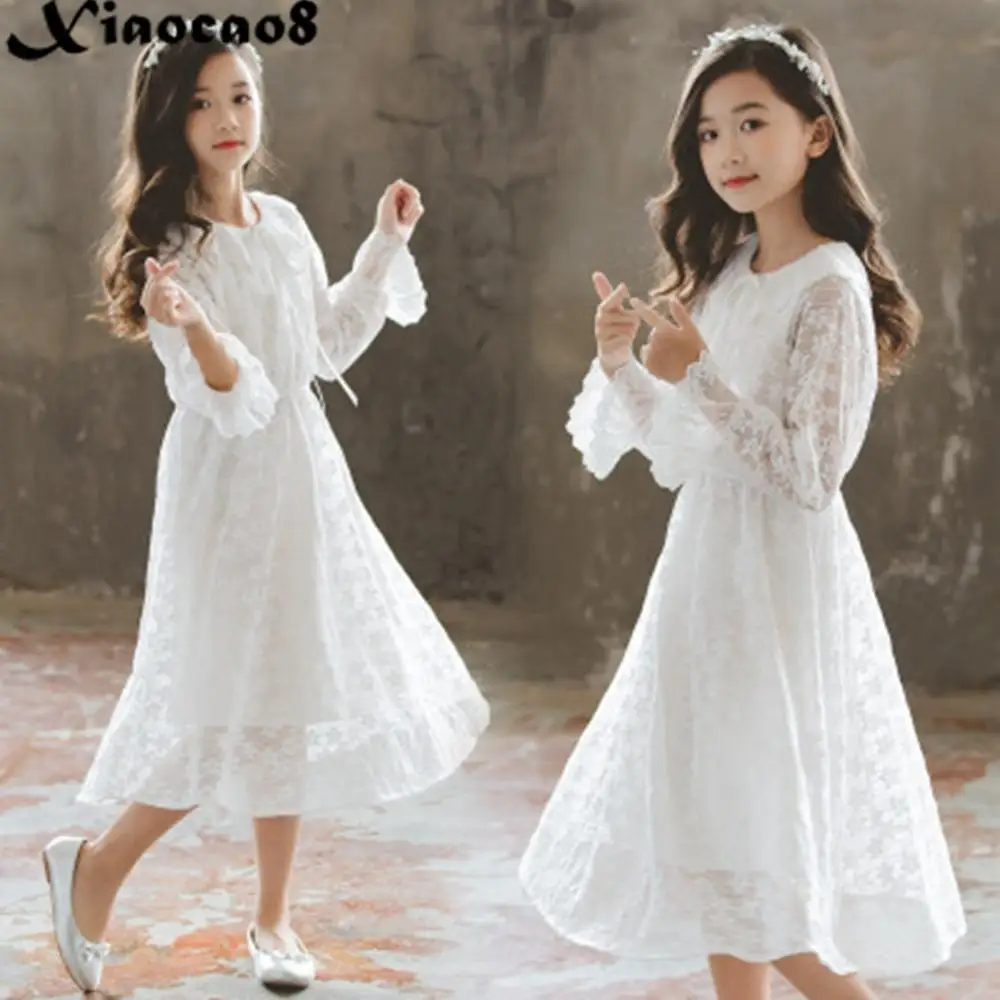 Кружевное платье для больших девочек детские белые платья-Макси для девочек, высококачественное праздничное платье принцессы весенне-Осенняя детская одежда с длинными рукавами