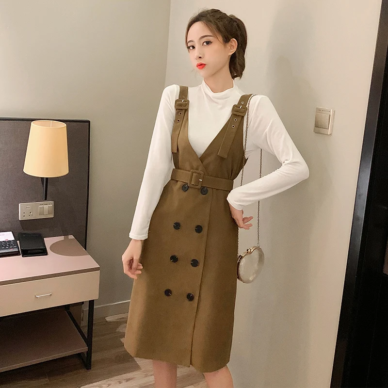 Khaki suit Осенний модный джемпер в японском стиле+ юбка на бретелях костюм из двух предметов - Цвет: Khaki suit