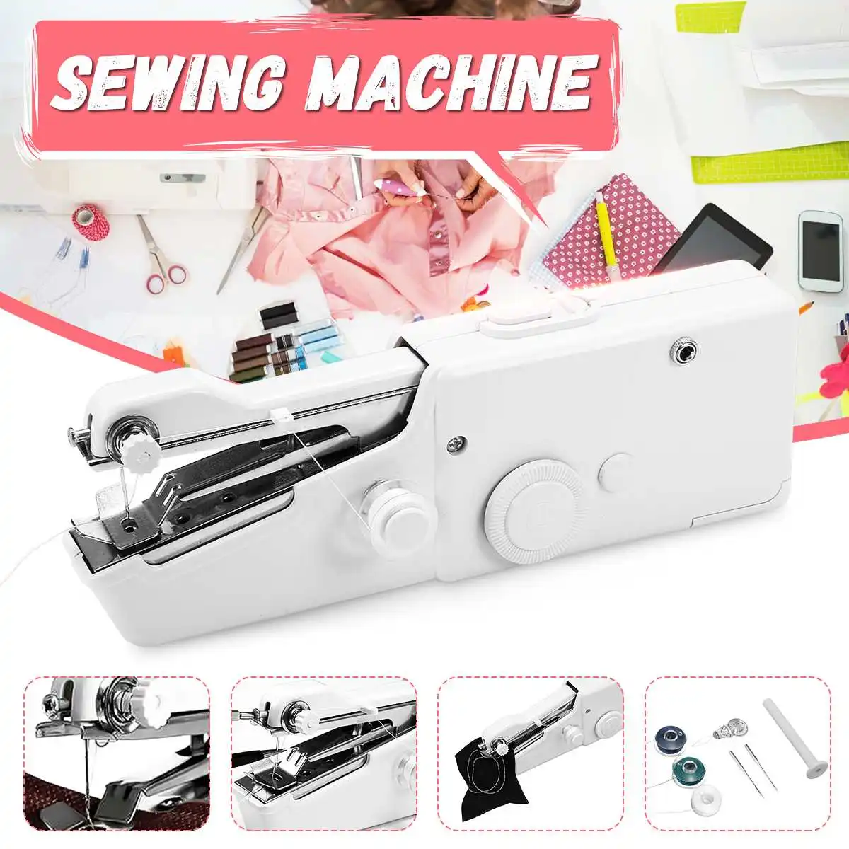 Portable Household Mini Hand Sewing Machine Quick Stitch Sew Needlework Cordless Clothes Fabrics Electronic Sewing Machine