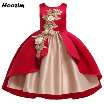 

Satin Lurex Flower Red Carpet Pegeant Party Dress Girls 3-11 Age Burgundy Tuxedo Applique Soiree And Prom Ball Gown Dresses Kids