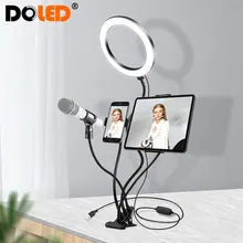 Kit de anel de luz ao vivo, lâmpada círculo de pescoço de cisne com suporte para smartphone tablet 3 modos de iluminação para selfie de vídeo