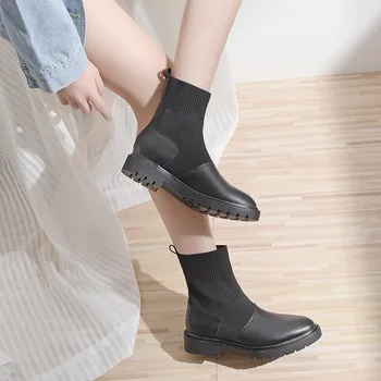 

womens Leather boot Shoes, Autumn And Winter Single Boots Elastic Thick-heeled Martin Boots Sock Ankle Boot