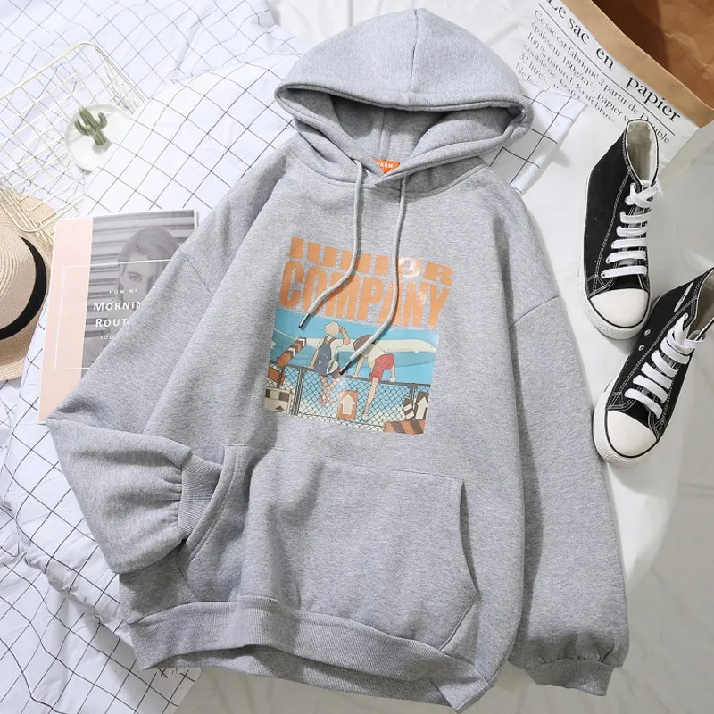 Модные свитшоты для женщин корейский Ulzzang Harajuku Мультфильм Печатный свободный толстовка с капюшоном, толстовки Женская повседневная одежда - Цвет: Серый