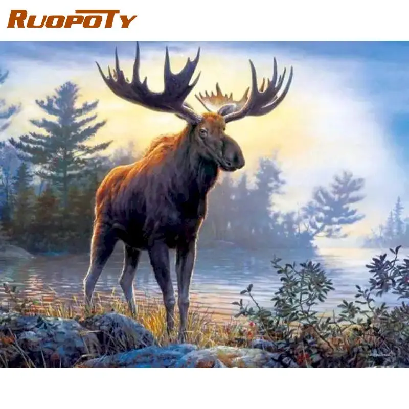 

RUOPOTY Deer Animals Frame DIY Painting By Numbers Kits Handpainted Oil Painting Coloring By Number For Wall Art Picture