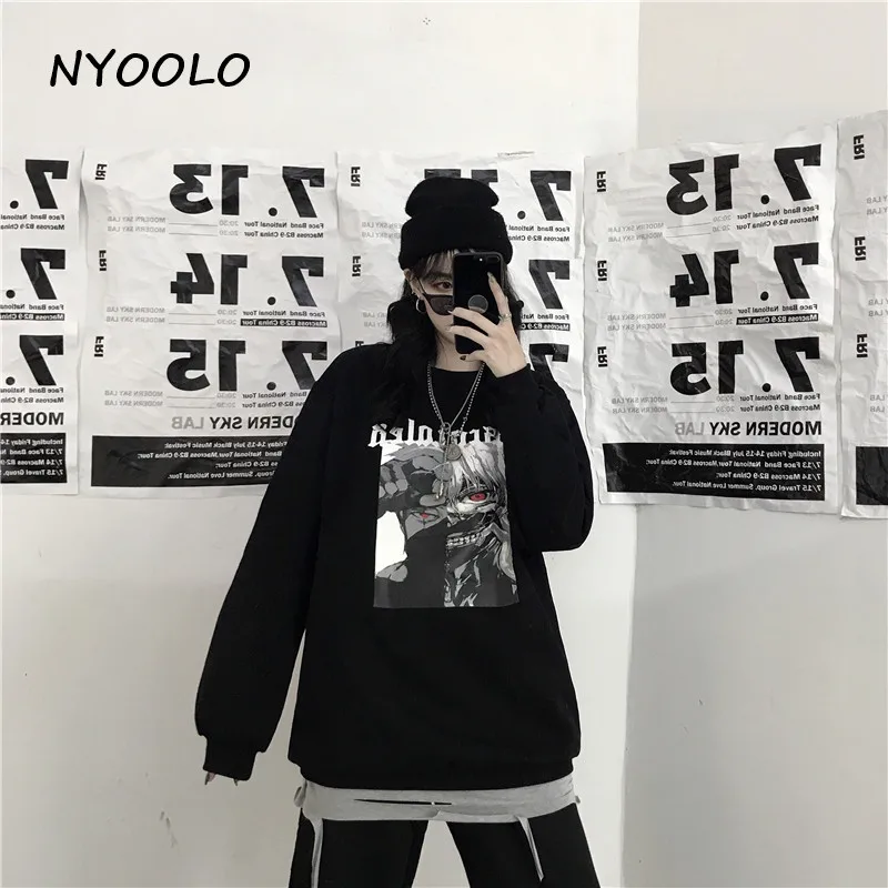 NYOOLO Vinatge, уличная, с принтом персонажа аниме, из кусков, плюс бархат, теплая толстовка, Осень-зима, с круглым вырезом, пуловер, Толстовка для женщин и мужчин