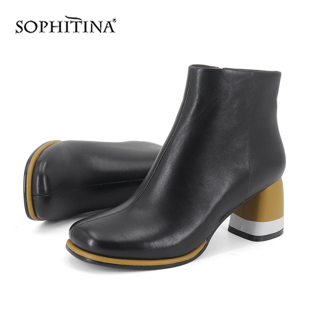 

SOPHITINA Special Design Heel Boots High Quality Cow Leather Comfortable Square Heel Zipper Handmade Shoes New Ankle Boots SC571