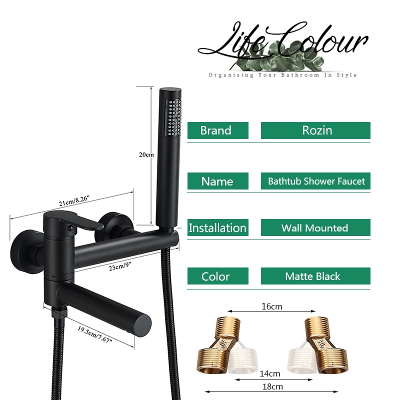 Rozin Black Bathtub Faucet with Swivel Tub Spout Brass Wall Mounted Bathroom Shower Mixer Tap Gold Full Shower Set for Toilet 2