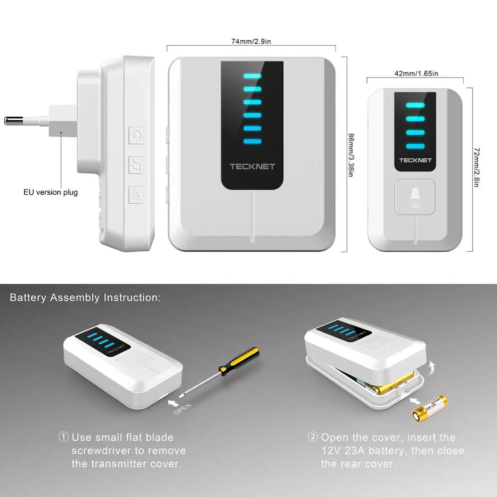TeckNet Беспроводной дверной звонок Водонепроницаемый штепсельная вилка-в беспроводной дверной звонок 2 пуш-ап Bell 300 м Диапазон 52 Мелодии, исполняемые на 4 уровня громкости синий светильник
