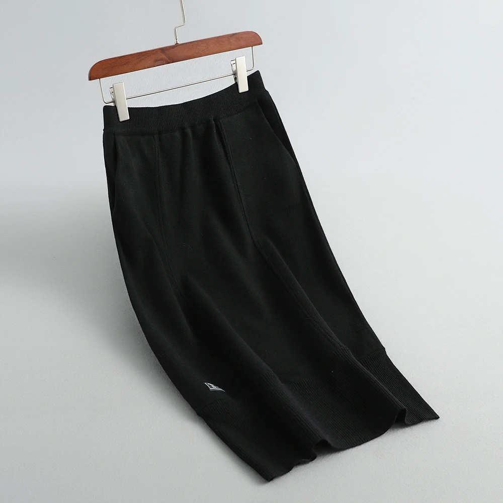Высокая талия Шерстяная трикотажная женская зимняя облегающая юбка миди модная Женская Осенняя юбка с карманом Faldas Jupe Femme Saia - Цвет: Черный