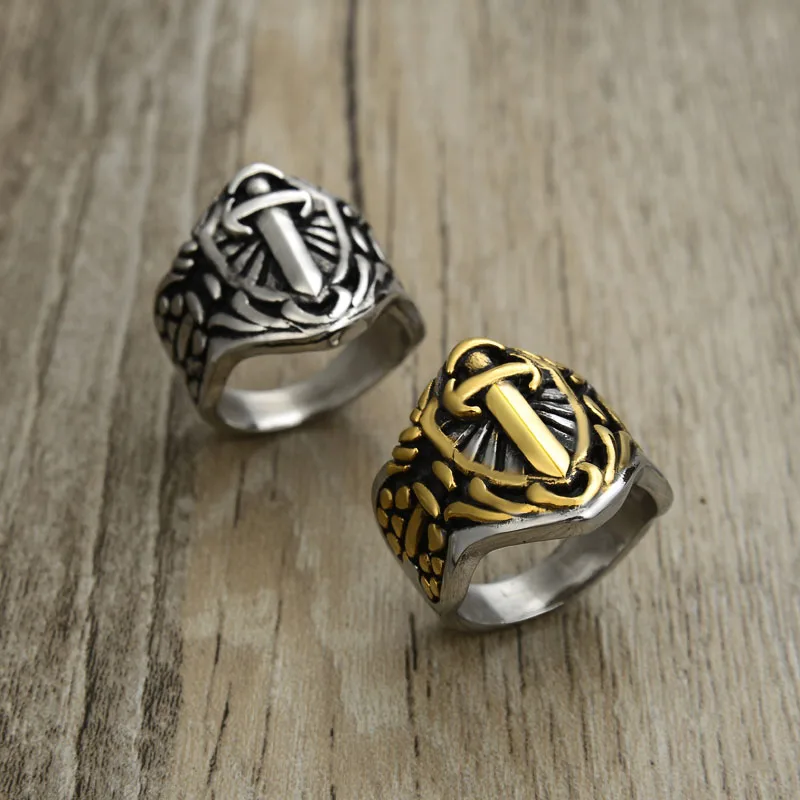 Valily Punk Big Shield Sword Ring 316L Stainless Steel Gold Silver Cross for Man Women Drop Ship US Size 7-14 | Украшения и