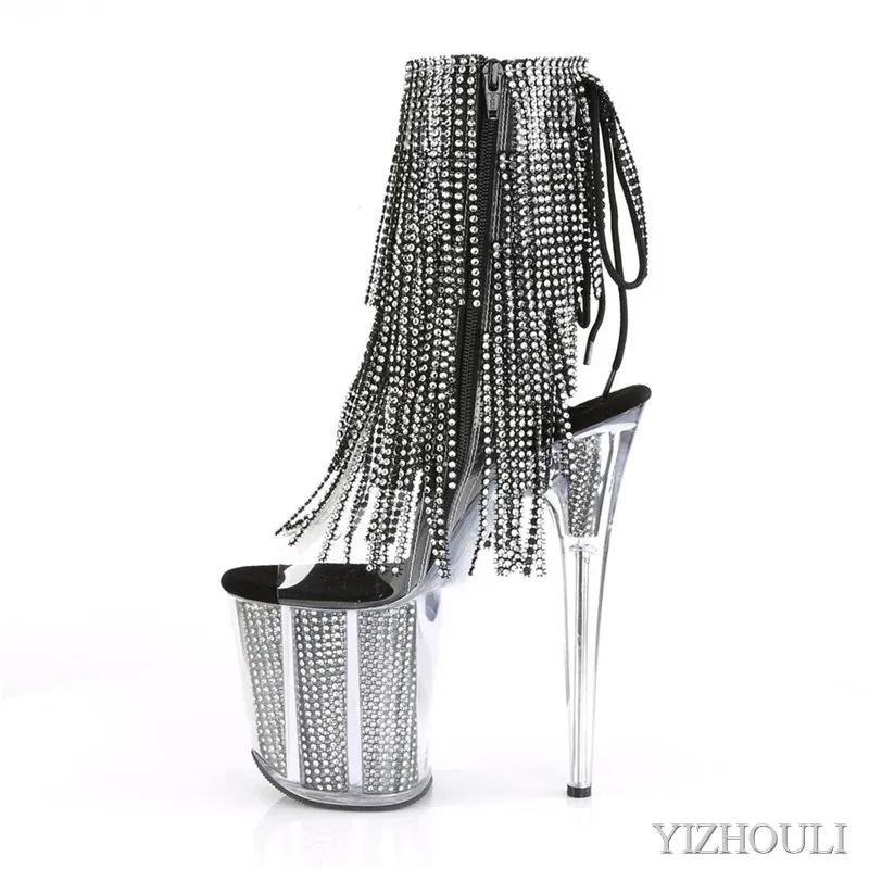 Crystal soles, sexy peep-toe ankle boots, fringed vamp, shiny models use 20cm heels for party pole dancing, dancing shoes