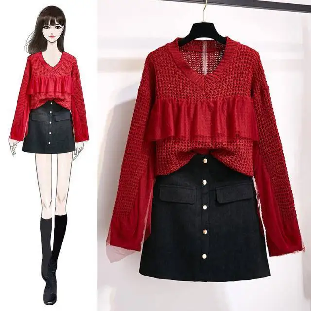 red pullover Woherb/черный женский свитер с v-образным вырезом и длинными рукавами в стиле пэчворк и кружевом Женские однотонные свободные пуловеры Джемперы корейская мода 90892 - Цвет: red pullover