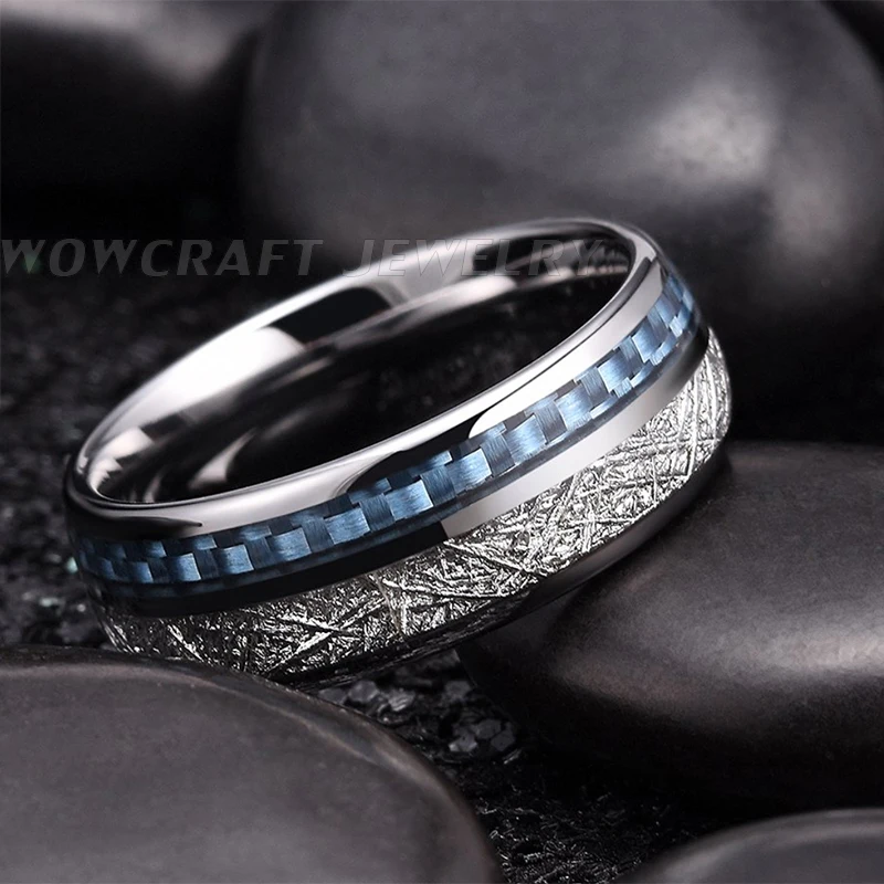 Кольцо из карбида вольфрама 8 мм для мужчин и женщин, обручальное кольцо, светильник, голубое углеродное волокно, метеорит, инкрустация, полированная, блестящая, удобная посадка