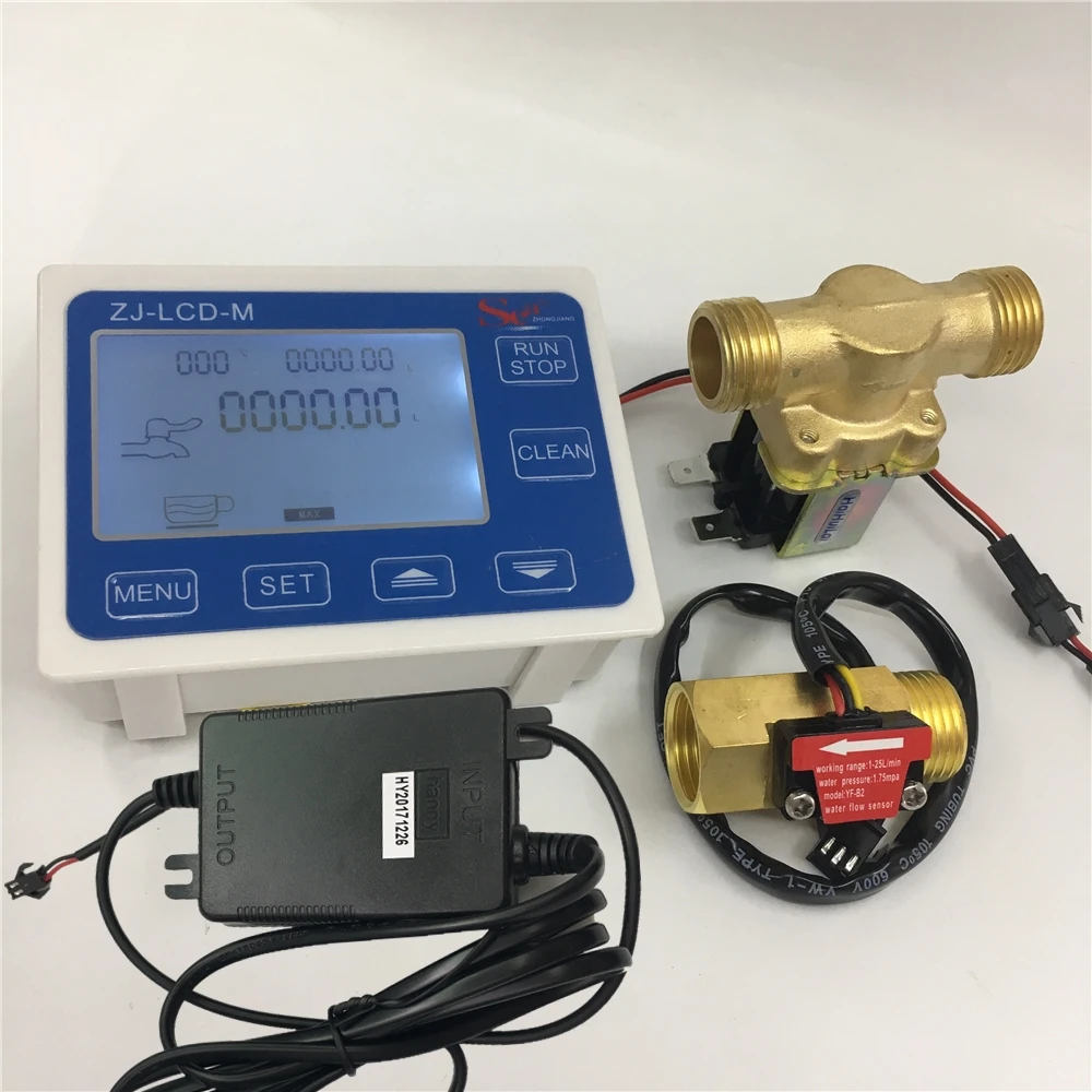Контроллер счетчика ZJ-LCD-M+ 1/" Датчик потока+ клапан+ блок питания для воды для измерения объема жидкостей