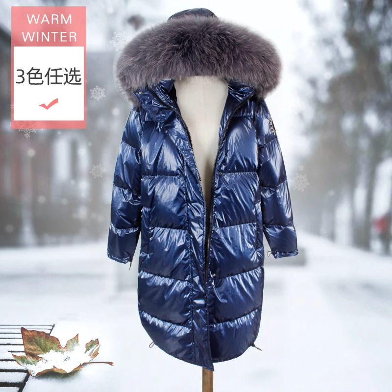 

2019 Winter Women's Down Jacket Hooded Bright Leather Jacket Big Raccoon Fur Collar Thick Warm Long White Duck Down Coat