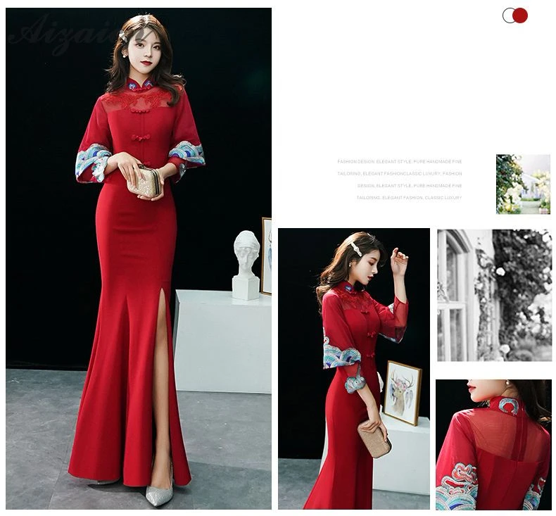 Оригинальное Ретро длинное Cheongsam красное свадебное винтажное платье Qi Pao женское традиционное китайское вечернее китайское платье-Ципао платье русалки