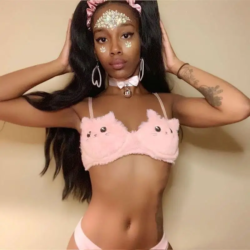 Милый Кот Вышивка искусственный мех Пушистый Розовый Cami для женщин Rave Фестиваль