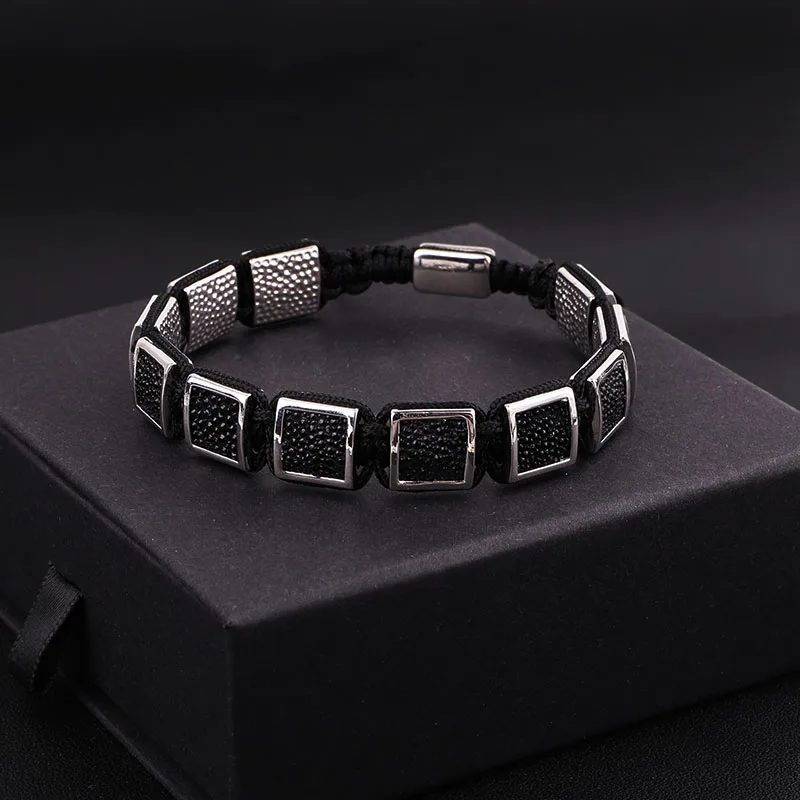 High Quality Black Snake Skin Leather Square Charm Braided Friendship Macrame Adjustable Bracelet Men - Image 5