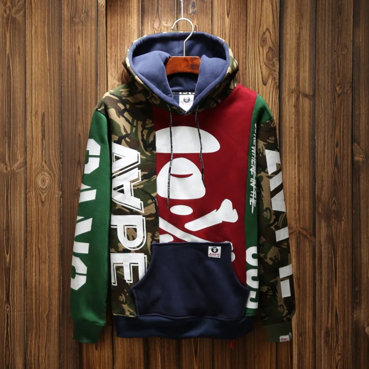 

2019 Europe And America MEN'S Wear Camouflage Panel Sleeve plus Velvet Hoodie Loose-Fit Men And Women Couples Coat Fashion