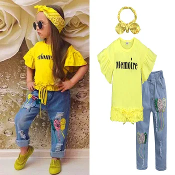 

Summer Girls Clothing Set Flare Sleeve blouse distressed jeans Headband 3Pc Kids Fashion Outfit