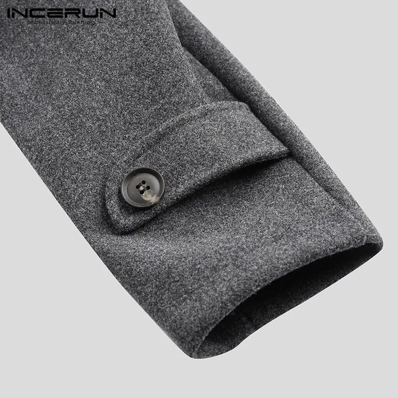 INCERUN, мужское пальто, длинный рукав, шерсть, Тренч, однотонный,, двубортный, модное, бизнес, пальто, зимнее, британский стиль, мужские куртки