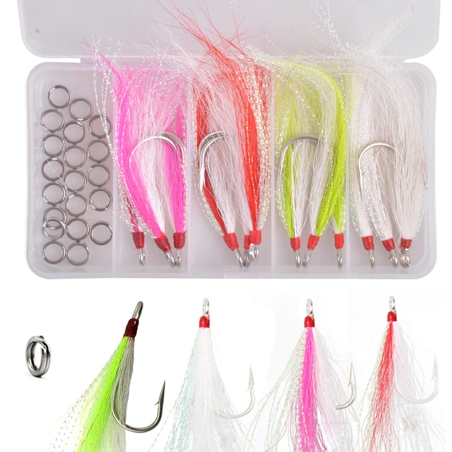 32Pcs/Box Bucktail Jig Fishing Hooks With Split Rings Saltwater Fishing  Lures Teaser Artificial Bait Stainless